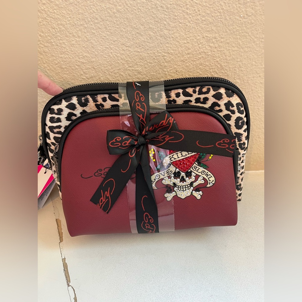 Ed Hardy Red and Leopard Cosmetic Makeup Bag Set
